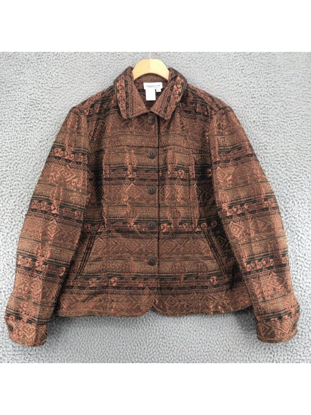 Coldwater Creek Blazer Womens Medium Brown Shimmer Striped Brocade Collar Pocket